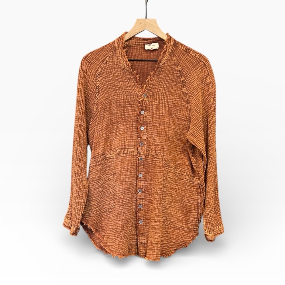 Heyson Long Sleeve Cotton Gauze Frayed  Button Front Tunic Top Pockets Medium